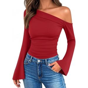 imageZESICA Womens Off Shoulder Tops Bell Long Sleeve Shirts 2025 Fall Trendy Going Out Ruched Tight Fitted Y2K ClothesRed