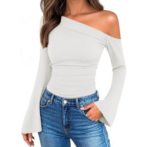 imageZESICA Womens Off Shoulder Tops Bell Long Sleeve Shirts 2025 Fall Trendy Going Out Ruched Tight Fitted Y2K ClothesWhite