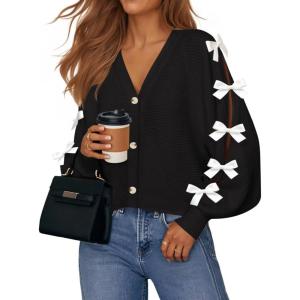 imageZESICA Fall Bow Cardigans for Women Trendy 2025 Casual Long Sleeve Button V Neck Knit Sweater Outerwear CoatsBlack