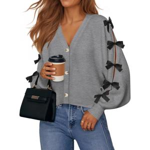 imageZESICA Fall Bow Cardigans for Women Trendy 2025 Casual Long Sleeve Button V Neck Knit Sweater Outerwear CoatsGray