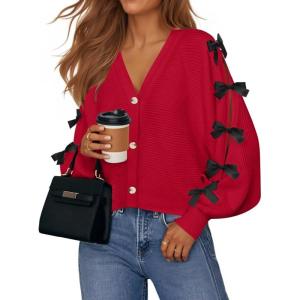 imageZESICA Fall Bow Cardigans for Women Trendy 2025 Casual Long Sleeve Button V Neck Knit Sweater Outerwear CoatsRed