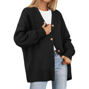 imageZESICA Womens 2025 Fall Casual Long Sleeve Cardigan V Neck Button Down Open Front Knit Loose Oversized Sweater CoatBlack