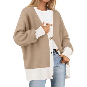 imageZESICA Womens 2025 Fall Casual Long Sleeve Cardigan V Neck Button Down Open Front Knit Loose Oversized Sweater CoatCamel