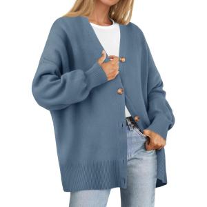 imageZESICA Womens 2025 Fall Casual Long Sleeve Cardigan V Neck Button Down Open Front Knit Loose Oversized Sweater CoatDustyblue
