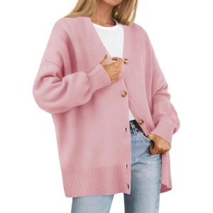 imageZESICA Womens 2025 Fall Casual Long Sleeve Cardigan V Neck Button Down Open Front Knit Loose Oversized Sweater CoatPink