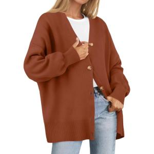 imageZESICA Womens 2025 Fall Casual Long Sleeve Cardigan V Neck Button Down Open Front Knit Loose Oversized Sweater CoatRust
