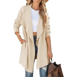 imageZESICA Womens Casual Lapel Cardigan Long Sleeve Open Front Irregular Hem Soft Knitted Sweater Coat with PocketsBeige