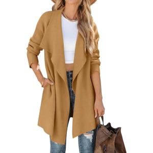 imageZESICA Womens Casual Lapel Cardigan Long Sleeve Open Front Irregular Hem Soft Knitted Sweater Coat with PocketsKhaki