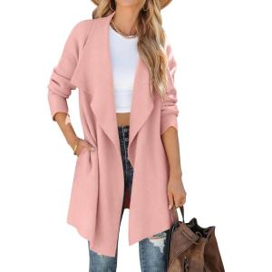 imageZESICA Womens Casual Lapel Cardigan Long Sleeve Open Front Irregular Hem Soft Knitted Sweater Coat with PocketsPink