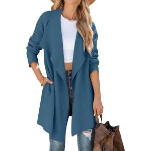 imageZESICA Womens Casual Lapel Cardigan Long Sleeve Open Front Irregular Hem Soft Knitted Sweater Coat with PocketsRoyalblue