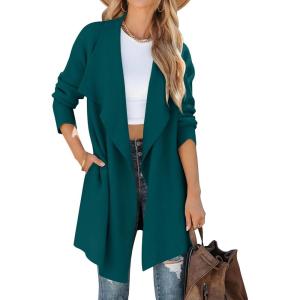 imageZESICA Womens Casual Lapel Cardigan Long Sleeve Open Front Irregular Hem Soft Knitted Sweater Coat with PocketsTealgreen