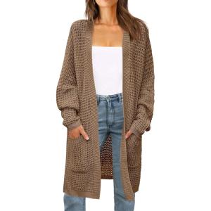 imageZESICA Womens Fall 2025 Long Batwing Sleeve Open Front Chunky Knit Cardigan SweaterKhaki