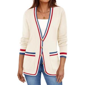 imageZESICA Womens Fall Fashion Cardigan Sweaters Long Sleeve Button Open Front Color Block Coatigan with PocketsApricot