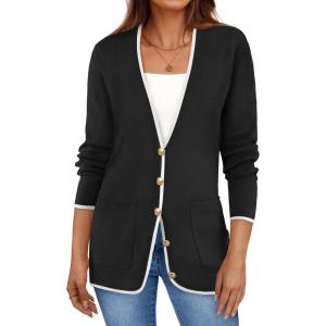 imageZESICA Womens Fall Fashion Cardigan Sweaters Long Sleeve Button Open Front Color Block Coatigan with PocketsBlack