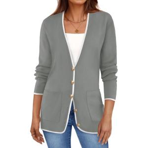 imageZESICA Womens Fall Fashion Cardigan Sweaters Long Sleeve Button Open Front Color Block Coatigan with PocketsGrey