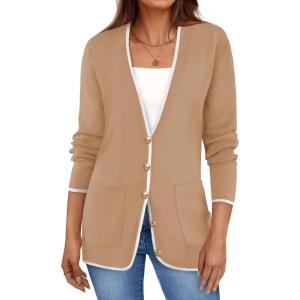 imageZESICA Womens Fall Fashion Cardigan Sweaters Long Sleeve Button Open Front Color Block Coatigan with PocketsKhaki