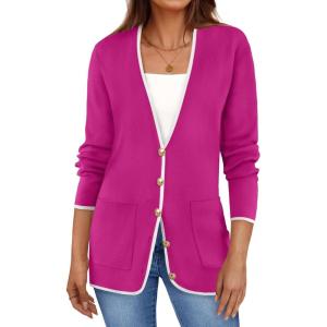 imageZESICA Womens Fall Fashion Cardigan Sweaters Long Sleeve Button Open Front Color Block Coatigan with PocketsRose