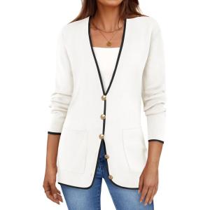 imageZESICA Womens Fall Fashion Cardigan Sweaters Long Sleeve Button Open Front Color Block Coatigan with PocketsWhite