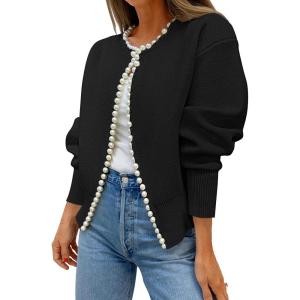 imageZESICA Womens Open Front Cardigan Sweater 2025 Fall Casual Knitted Long Sleeve Pearls Trim Outerwear Coat Trendy ClothesBlack