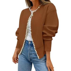 imageZESICA Womens Open Front Cardigan Sweater 2025 Fall Casual Knitted Long Sleeve Pearls Trim Outerwear Coat Trendy ClothesBrown