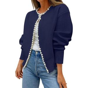 imageZESICA Womens Open Front Cardigan Sweater 2025 Fall Casual Knitted Long Sleeve Pearls Trim Outerwear Coat Trendy ClothesDark Purple
