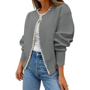 imageZESICA Womens Open Front Cardigan Sweater 2025 Fall Casual Knitted Long Sleeve Pearls Trim Outerwear Coat Trendy ClothesGrey