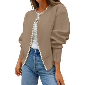 imageZESICA Womens Open Front Cardigan Sweater 2025 Fall Casual Knitted Long Sleeve Pearls Trim Outerwear Coat Trendy ClothesKhaki