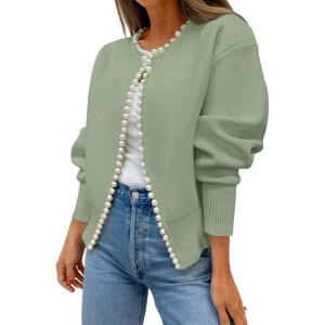 imageZESICA Womens Open Front Cardigan Sweater 2025 Fall Casual Knitted Long Sleeve Pearls Trim Outerwear Coat Trendy ClothesPea Green
