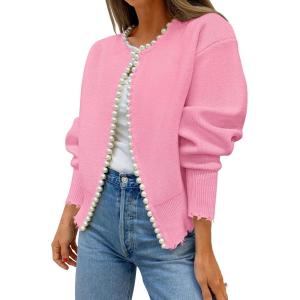 imageZESICA Womens Open Front Cardigan Sweater 2025 Fall Casual Knitted Long Sleeve Pearls Trim Outerwear Coat Trendy ClothesPink
