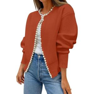 imageZESICA Womens Open Front Cardigan Sweater 2025 Fall Casual Knitted Long Sleeve Pearls Trim Outerwear Coat Trendy ClothesRust