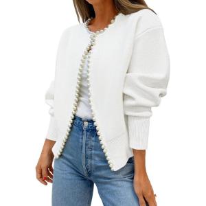 imageZESICA Womens Open Front Cardigan Sweater 2025 Fall Casual Knitted Long Sleeve Pearls Trim Outerwear Coat Trendy ClothesWhite
