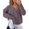 imageZESICA Womens Fall Oversized Sweaters 2025 Casual Long Sleeve V Neck Cable Knit Trendy Pullover TopsPurple