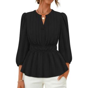imageZESICA Womens 2025 Fall Babydoll Peplum Tops V Neck Puff 34 Length Sleeve Shirts Dressy Casual BlousesBlack