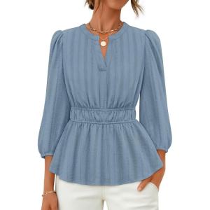 imageZESICA Womens 2025 Fall Babydoll Peplum Tops V Neck Puff 34 Length Sleeve Shirts Dressy Casual BlousesDustyblue