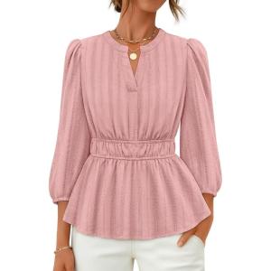 imageZESICA Womens 2025 Fall Babydoll Peplum Tops V Neck Puff 34 Length Sleeve Shirts Dressy Casual BlousesDustypink