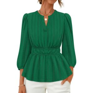 imageZESICA Womens 2025 Fall Babydoll Peplum Tops V Neck Puff 34 Length Sleeve Shirts Dressy Casual BlousesGreen