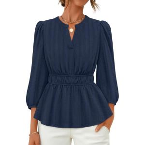 imageZESICA Womens 2025 Fall Babydoll Peplum Tops V Neck Puff 34 Length Sleeve Shirts Dressy Casual BlousesNavy