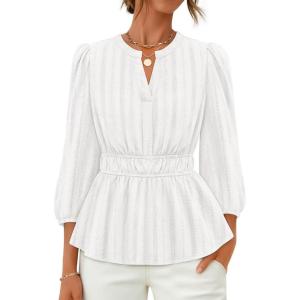 imageZESICA Womens 2025 Fall Babydoll Peplum Tops V Neck Puff 34 Length Sleeve Shirts Dressy Casual BlousesWhite