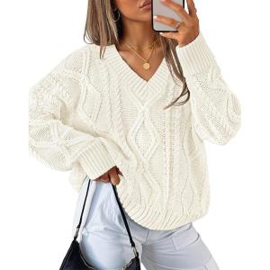 imageZESICA Womens Fall Oversized Sweaters 2025 Casual Long Sleeve V Neck Cable Knit Trendy Pullover TopsApricot
