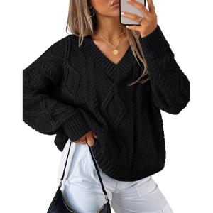 imageZESICA Womens Fall Oversized Sweaters 2025 Casual Long Sleeve V Neck Cable Knit Trendy Pullover TopsBlack