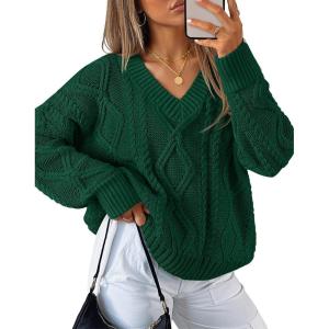 imageZESICA Womens Fall Oversized Sweaters 2025 Casual Long Sleeve V Neck Cable Knit Trendy Pullover TopsDarkgreen