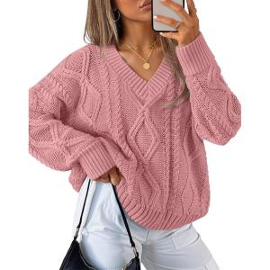 imageZESICA Womens Fall Oversized Sweaters 2025 Casual Long Sleeve V Neck Cable Knit Trendy Pullover TopsPink
