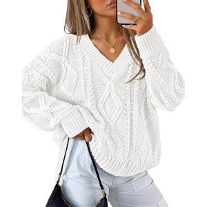 imageZESICA Womens Fall Oversized Sweaters 2025 Casual Long Sleeve V Neck Cable Knit Trendy Pullover TopsWhite