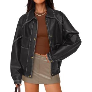 imageZESICA Womens Faux Leather Jacket Oversized Zipper Motorcycle Coats 2025 Fall Fashion Trendy Clothes OutfitsBlack