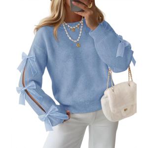 imageZESICA Womens Oversized Bow Sweaters Fall 2025 Cute Crewneck Long Sleeve Knit Pullover Sweater Jumper TopsBlue