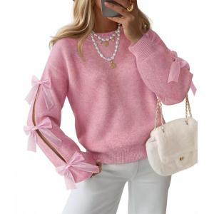 imageZESICA Womens Oversized Bow Sweaters Fall 2025 Cute Crewneck Long Sleeve Knit Pullover Sweater Jumper TopsPink