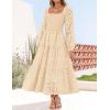 imageZESICA Womens Fall Long Sleeve Maxi Dresses 2025 Square Neck Hollow Out Eyelet Smocked A Line Boho Wedding Guset DressApricot