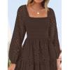 imageZESICA Womens Fall Long Sleeve Maxi Dresses 2025 Square Neck Hollow Out Eyelet Smocked A Line Boho Wedding Guset DressCoffee
