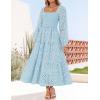 imageZESICA Womens Fall Long Sleeve Maxi Dresses 2025 Square Neck Hollow Out Eyelet Smocked A Line Boho Wedding Guset DressLightblue