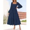 imageZESICA Womens Fall Long Sleeve Maxi Dresses 2025 Square Neck Hollow Out Eyelet Smocked A Line Boho Wedding Guset DressNavy